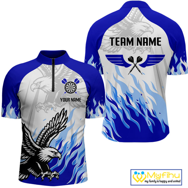 Custom White And Blue Flame Eagle Dart  Quarter-Zip Shirts For Men, Eagle Dart Jersey NYN0332