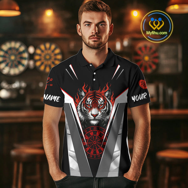 Custom Black And Red Flame Tiger Dart Team Men Polo Shirts, Tiger Dart Jerseys NYN0337