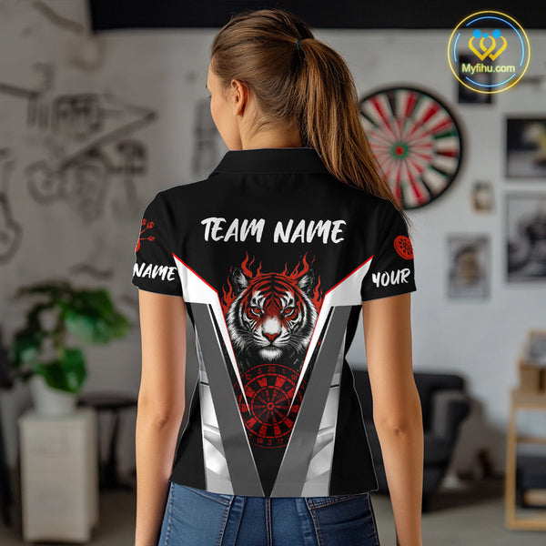 Custom Black And Red Flame Tiger Dart Team Women Polo Shirts, Tiger Dart Jerseys NYN0337