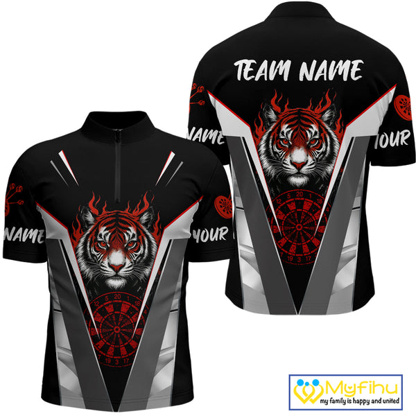 Custom Black And Red Flame Tiger Dart Team Men Quarter-Zip Shirts, Tiger Dart Jerseys NYN0337