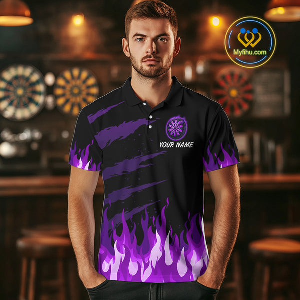Custom Black And Purple Fire Flame Phoenix Dart Team Men Polo Shirt, Dart League Shirt NYN0341