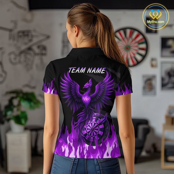 Custom Black And Purple Fire Flame Phoenix Dart Team Women Polo Shirt, Dart League Shirt NYN0341