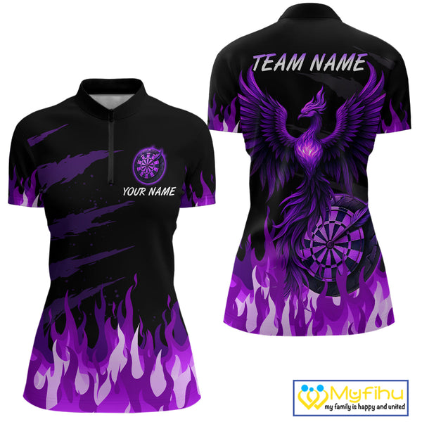 Custom Black And Purple Fire Flame Phoenix Dart Women Quarter-Zip Shirt, Dart League Shirt NYN0341