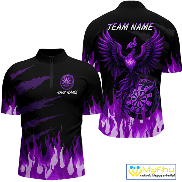 Custom Black And Purple Fire Flame Phoenix Dart Team Men Quarter-Zip Shirt, Dart League Shirt NYN0341