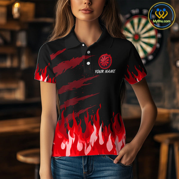 Custom Black And Red Fire Flame Phoenix Dart Team Women Polo Shirt, Dart League Shirt NYN0342