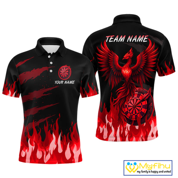 Custom Black And Red Fire Flame Phoenix Dart Team Men Polo Shirt, Dart League Shirt NYN0342