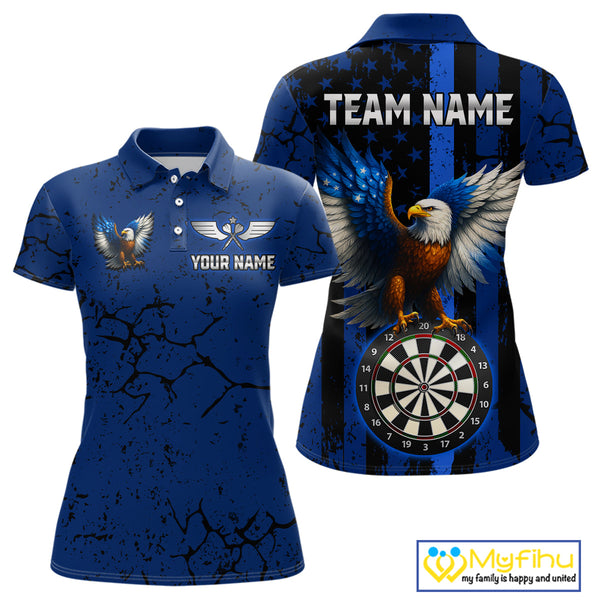 Custom Blue Line US Flag Eagle Patriotic Dart Polo Shirt For Women, Dart Jersey NYN0609