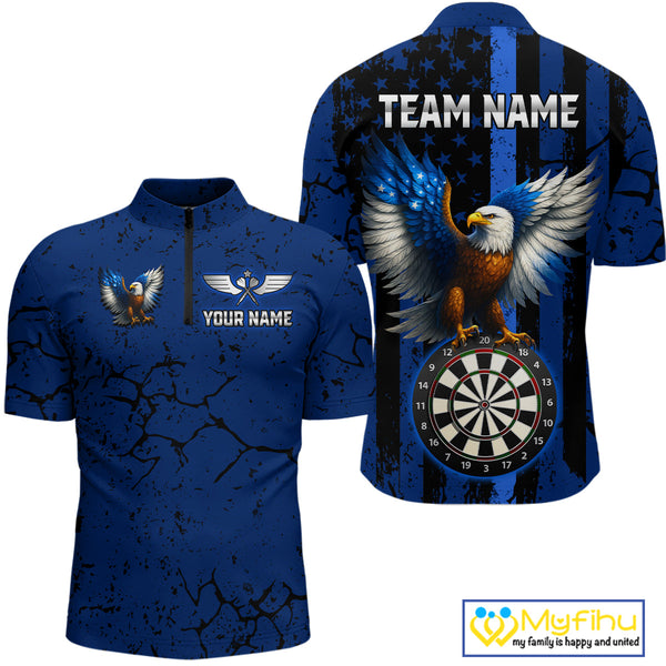 Custom Blue Line US Flag Eagle Patriotic Dart Quarter-Zip Shirt For Men, Dart Jersey NYN0609