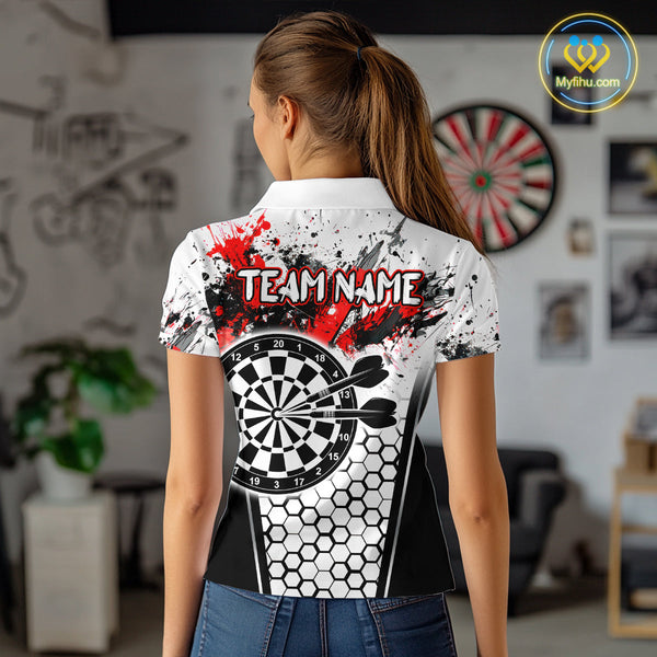 Custom White And Red Splatter Dart Polo Shirts For Women, Grunge Dart Team Shirt NYN0681