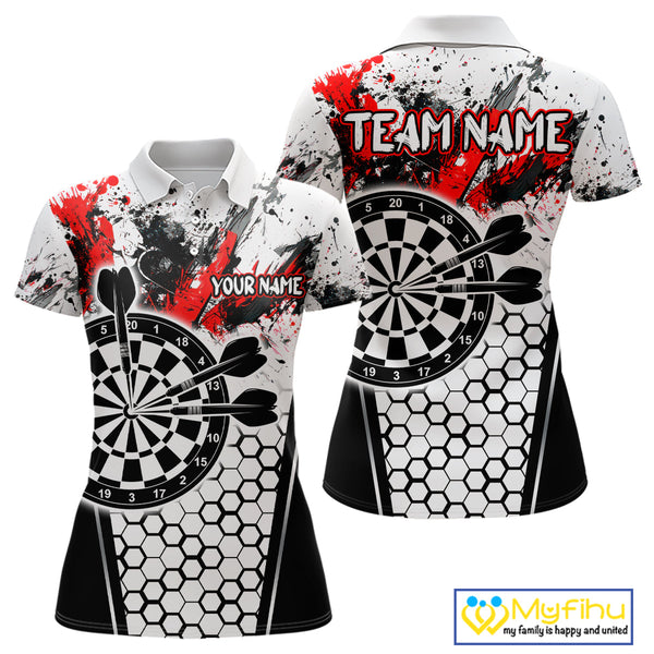 Custom White And Red Splatter Dart Polo Shirts For Women, Grunge Dart Team Shirt NYN0681