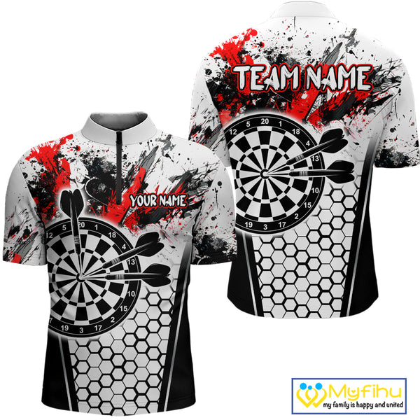 Custom White And Red Splatter Dart Quarter-Zip Shirts For Men, Grunge Dart Team Shirt NYN0681