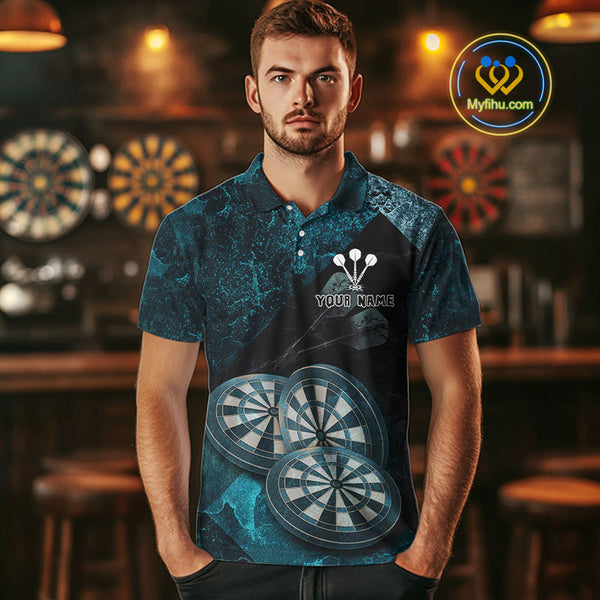 Custom Grunge Black And Blue Dart Team Polo Shirts For Men, Vintage Dart Jerseys NYN0685