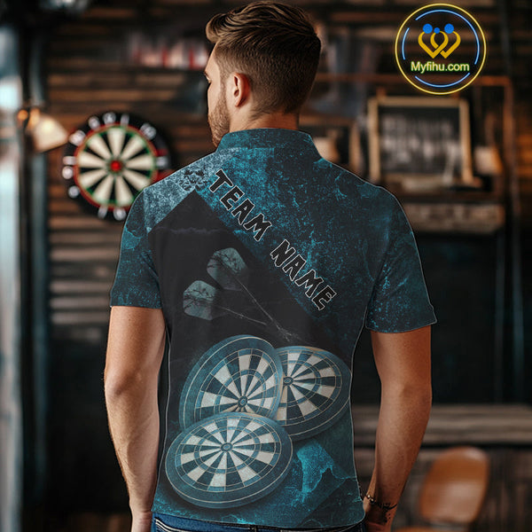 Custom Grunge Black And Blue Dart Team Polo Shirts For Men, Vintage Dart Jerseys NYN0685