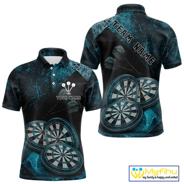 Custom Grunge Black And Blue Dart Team Polo Shirts For Men, Vintage Dart Jerseys NYN0685