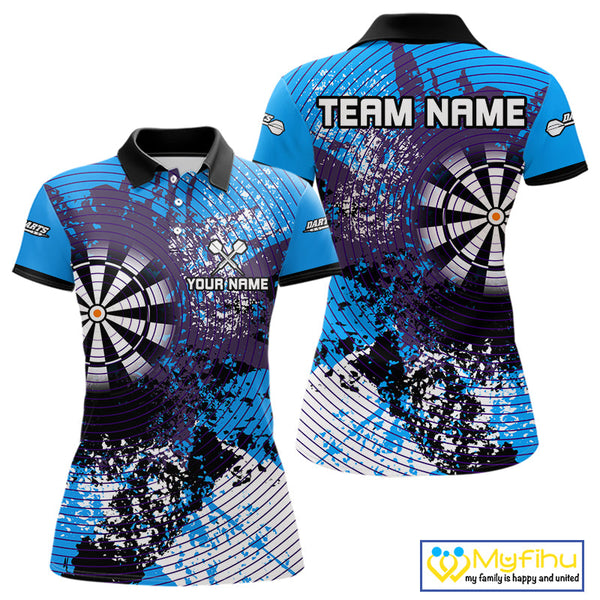 Custom Blue Grunge Dartboard Splatter Effect Dart Polo Shirts For Women, Dart Jerseys NYN0687