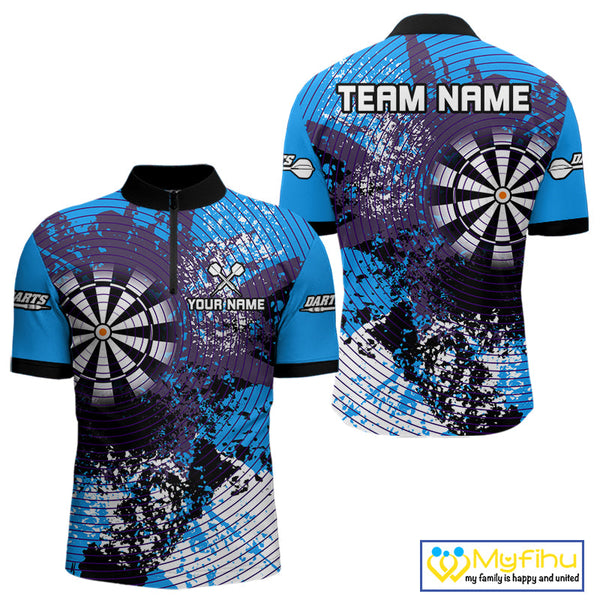 Custom Blue Grunge Dartboard Splatter Effect Dart Quarter-Zip Shirts For Men, Dart Jerseys NYN0687