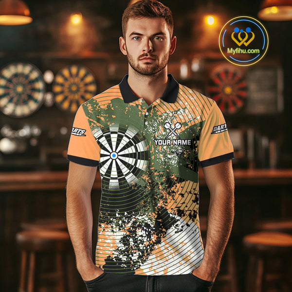 Custom Yellow Grunge Dartboard Splatter Effect Dart Polo Shirts For Men, Dart Jerseys NYN0688