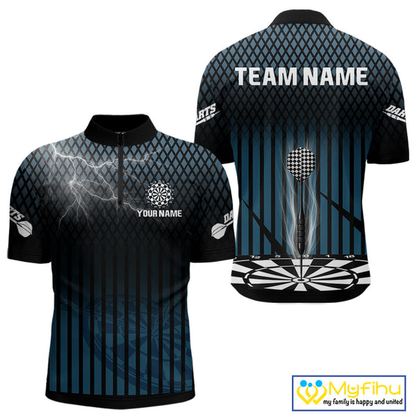 Custom Black And Blue Thunder Lightning Dart Team Jerseys, Dart Quarter-Zip Shirt For Men NYN0440
