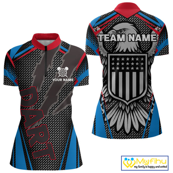 Custom American Flag Eagle Patroitic Dart Women Quarter-Zip Shirt, US Dart League Shirt NYN0452