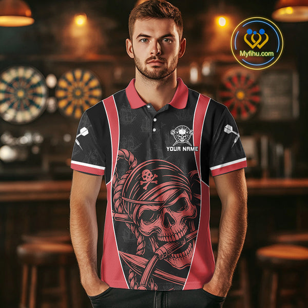 Custom Black And Red Pirate Skull Dart Team Polo Shirt For Men, Halloween Dart Outfit NYN0459