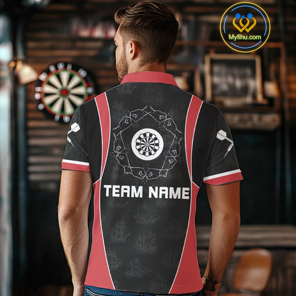Custom Black And Red Pirate Skull Dart Team Polo Shirt For Men, Halloween Dart Outfit NYN0459