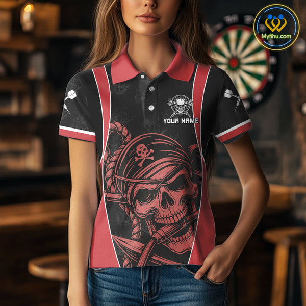 Custom Black And Red Pirate Skull Dart Team Polo Shirt For Women, Halloween Dart Outfit NYN0459