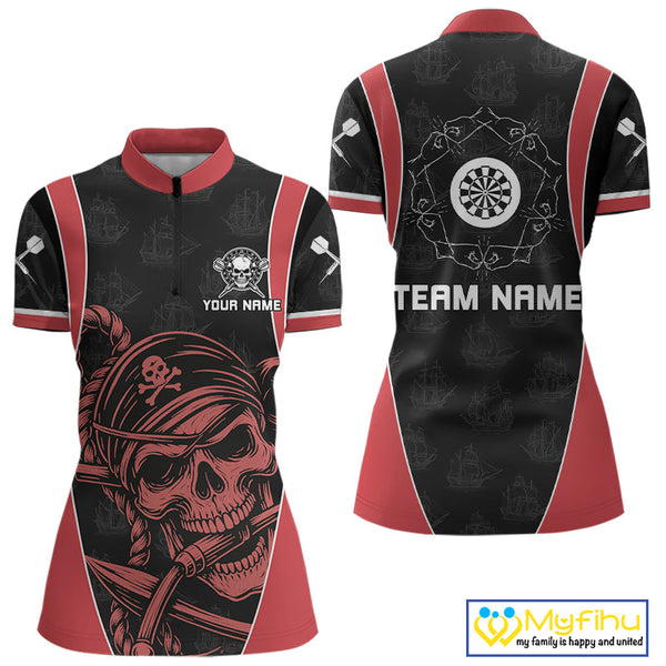Custom Black And Red Pirate Skull Dart Team Women Quarter-Zip Shirt, Halloween Dart Outfit NYN0459