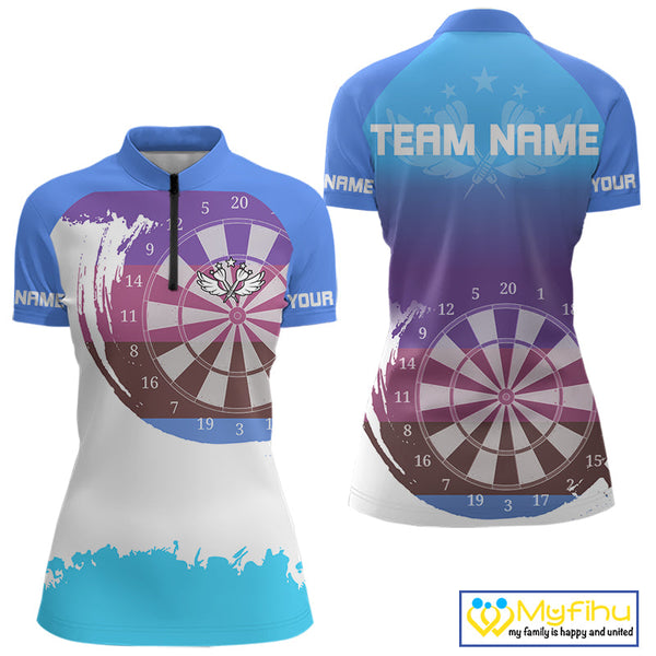 Custom Blue Gradient Swoosh Dartboard Dart Quarter-Zip Shirts For Women, Dart Team Shirt NYN0710