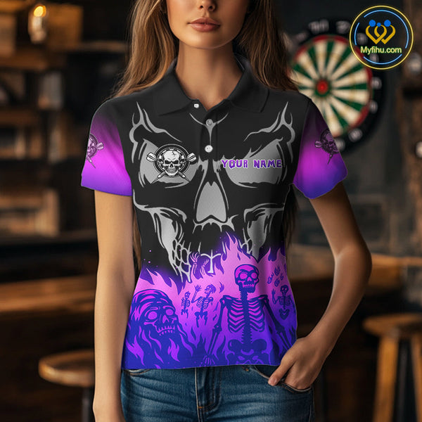 Custom Purple Flames Skeleton Dart Skull Women Polo Shirt, Halloween Dart Outfit NYN0714