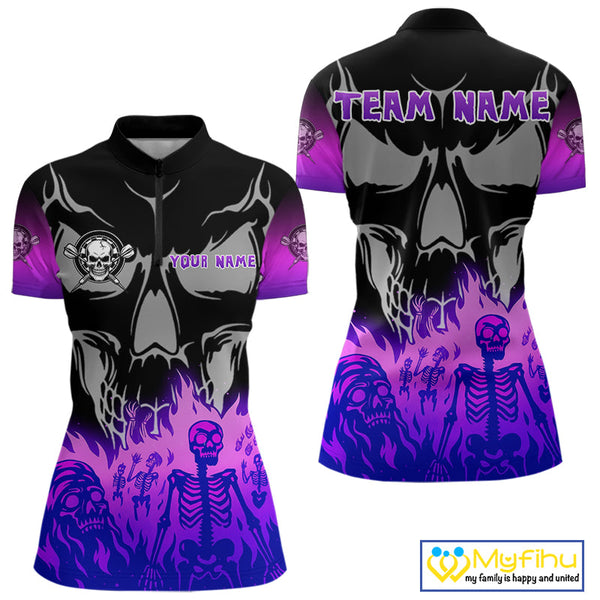 Custom Purple Flames Skeleton Dart Skull Women Quarter-Zip Shirt, Halloween Dart Outfit NYN0714
