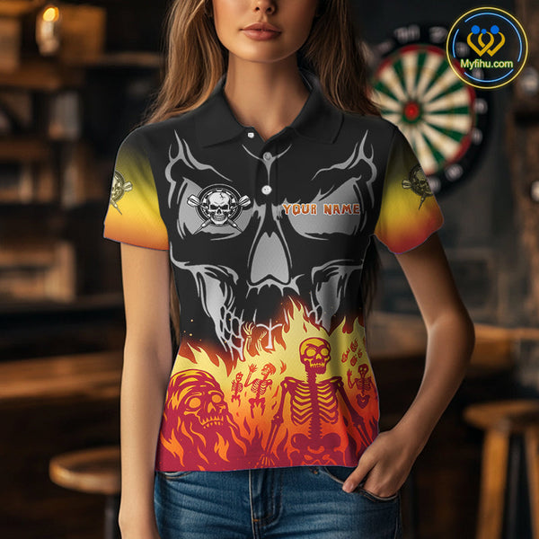 Custom Fire Flames Skeleton Dart Skull Women Polo Shirt, Halloween Dart Outfit NYN0715