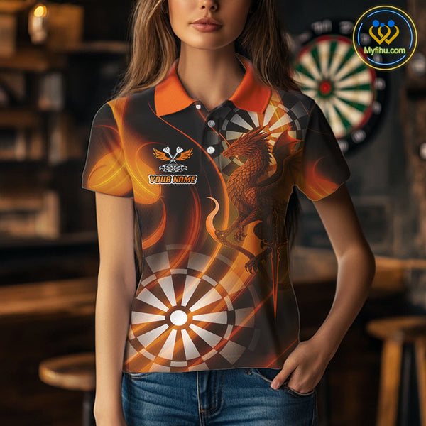 Custom Black And Orange Dragon Dart Polo Shirts For Women, Team Dart Jerseys NYN0721