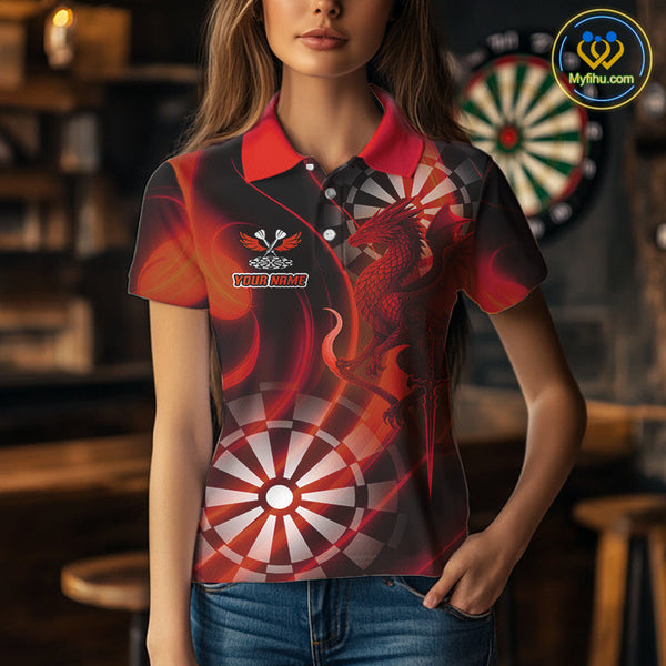 Custom Black And Red Dragon Dart Polo Shirts For Women, Team Dart Jerseys NYN0722