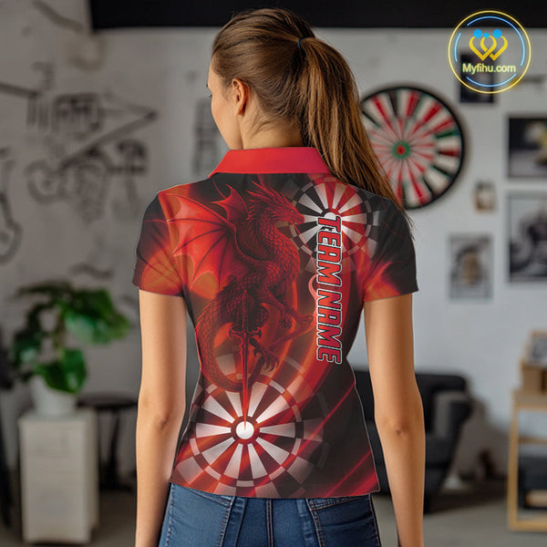 Custom Black And Red Dragon Dart Polo Shirts For Women, Team Dart Jerseys NYN0722