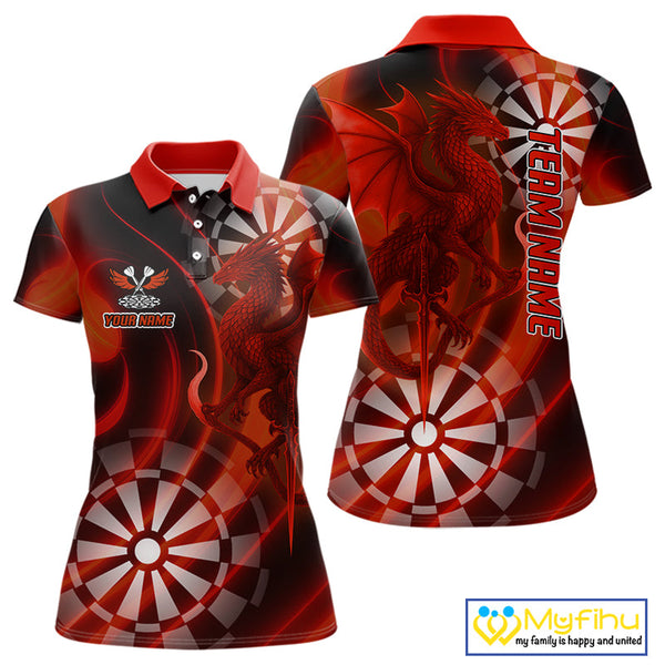 Custom Black And Red Dragon Dart Polo Shirts For Women, Team Dart Jerseys NYN0722