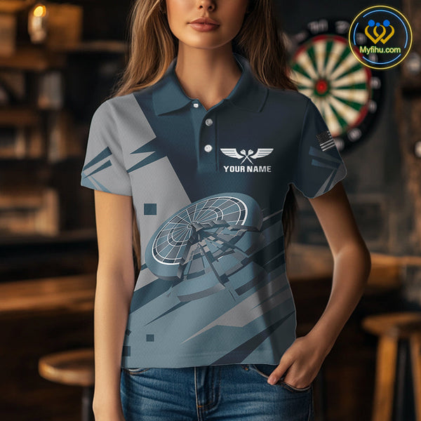 Custom Blue And Grey Dartboard Dart Polo Shirts For Women, Dart League Shirt NYN0725