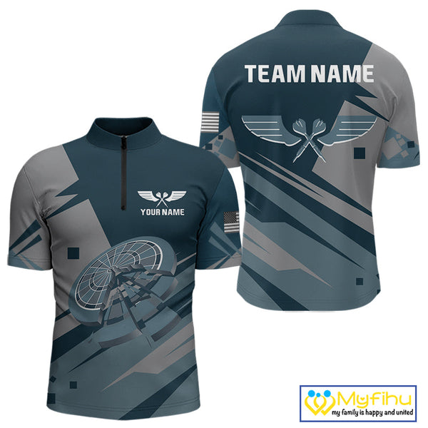 Custom Blue And Grey Dartboard Dart Quarter-Zip Shirts For Men, Dart League Shirt NYN0725