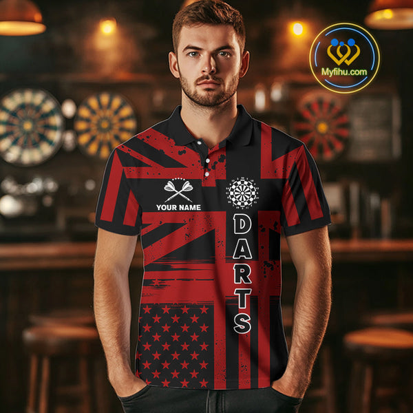 Custom Black And Red US Flag Faith Patriotic Dart Polo Shirt For Men, Dart Jerseys NYN0489