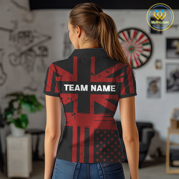 Custom Black And Red US Flag Faith Patriotic Dart Polo Shirt For Women, Dart Jerseys NYN0489