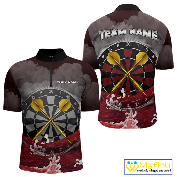 Custom Red Ocean Wave Golden Darts Quarter-Zip Shirt For Men, Dart Team Jerseys NYN0492
