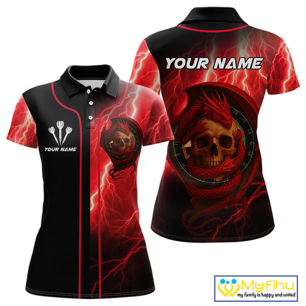 Custom Red Thunder Lightning Dragon Skull Dart Polo Shirt For Women, Dart League Shirt NYN0503