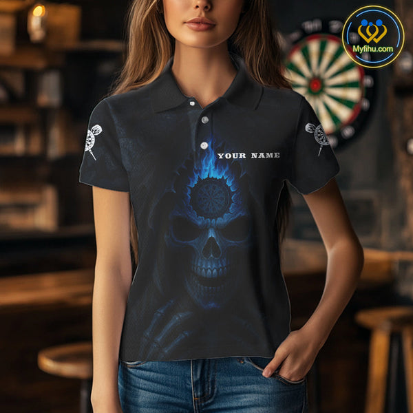 Custom Black And Blue Flame Grim Reaper Dart Polo Shirt For Women, Halloween Dart Outfit NYN0514