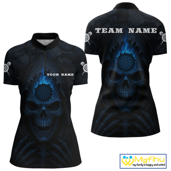 Custom Black And Blue Flame Grim Reaper Dart Women Quarter-Zip Shirt, Halloween Outfit NYN0514