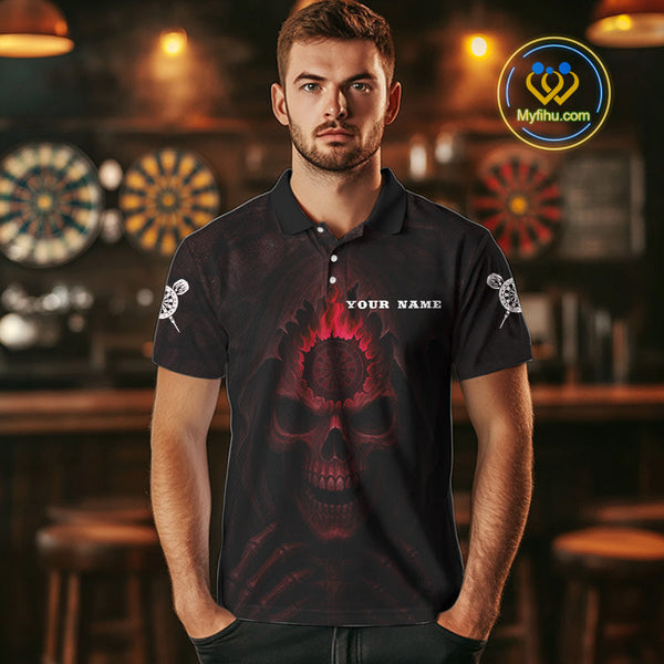 Custom Black And Red Flame Grim Reaper Dart Polo Shirt For Men, Halloween Dart Outfit NYN0515