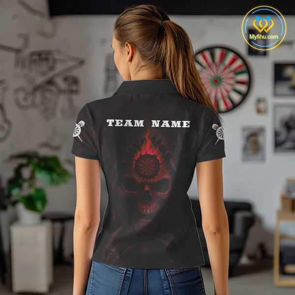 Custom Black And Red Flame Grim Reaper Dart Polo Shirt For Women, Halloween Dart Outfit NYN0515