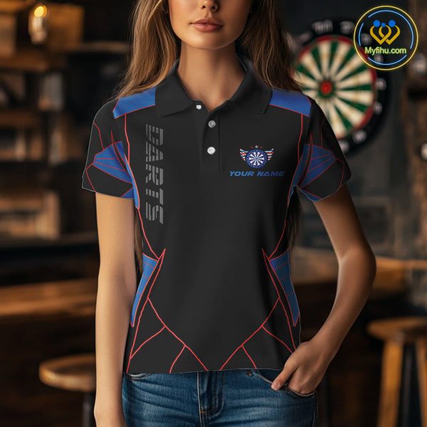 Custom Black,Red And Blue Patriotic Dart Polo Shirts For Women, Tournament Shirt NYN0726