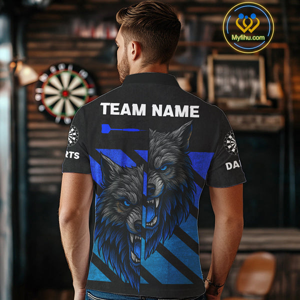 Custom Grunge Black And Blue Wolf Dart Polo Shirt For Men, Dart Jerseys NYN0517