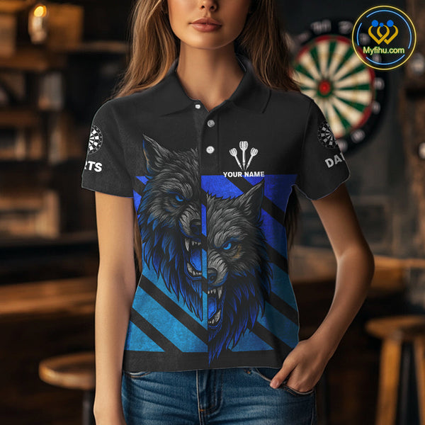 Custom Grunge Black And Blue Wolf Dart Polo Shirt For Women, Dart Jerseys NYN0517