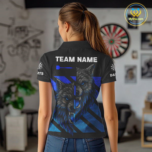 Custom Grunge Black And Blue Wolf Dart Polo Shirt For Women, Dart Jerseys NYN0517