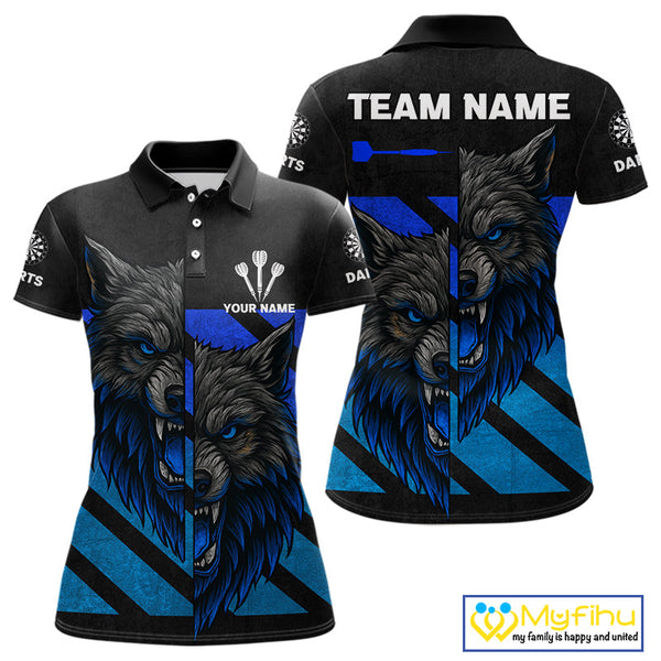 Custom Grunge Black And Blue Wolf Dart Polo Shirt For Women, Dart Jerseys NYN0517